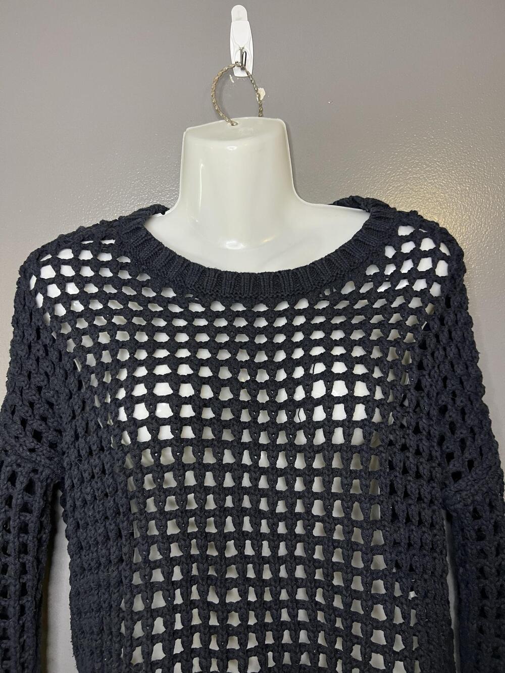 Express Sweater Womens XS Black Crochet Open Knit Crew Neck Sheer Pullover